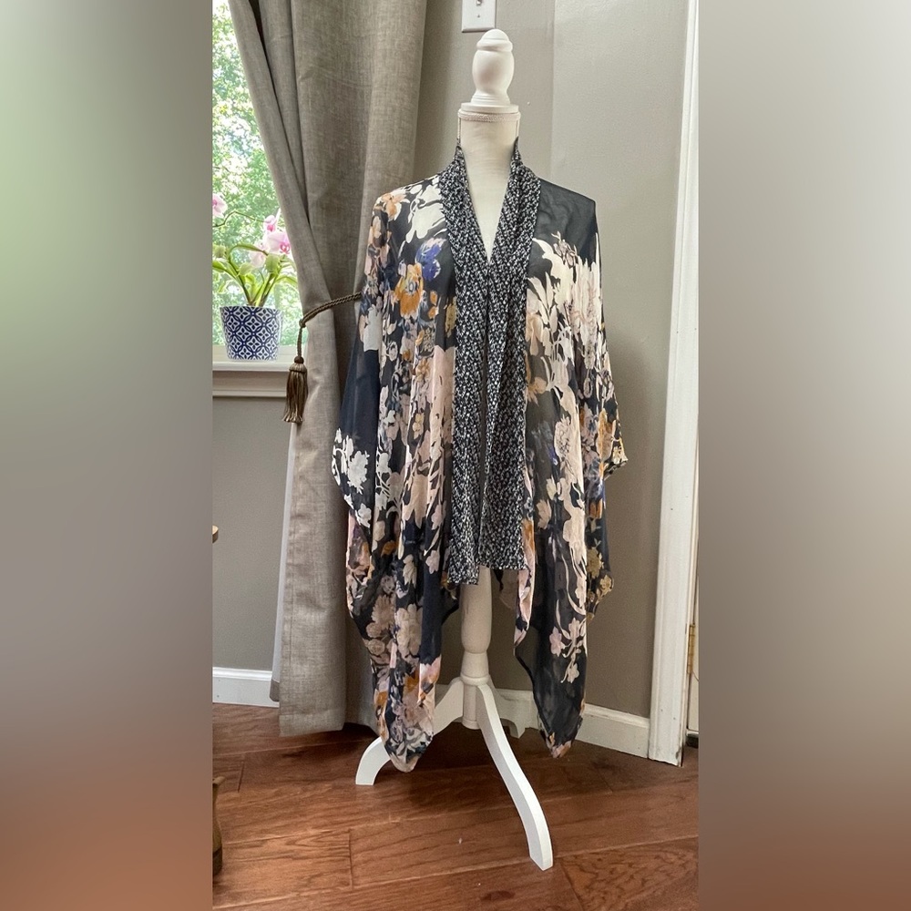 Eloise Floral Sheer Wrap in Black with Blush & Gold Accents 100% Silk